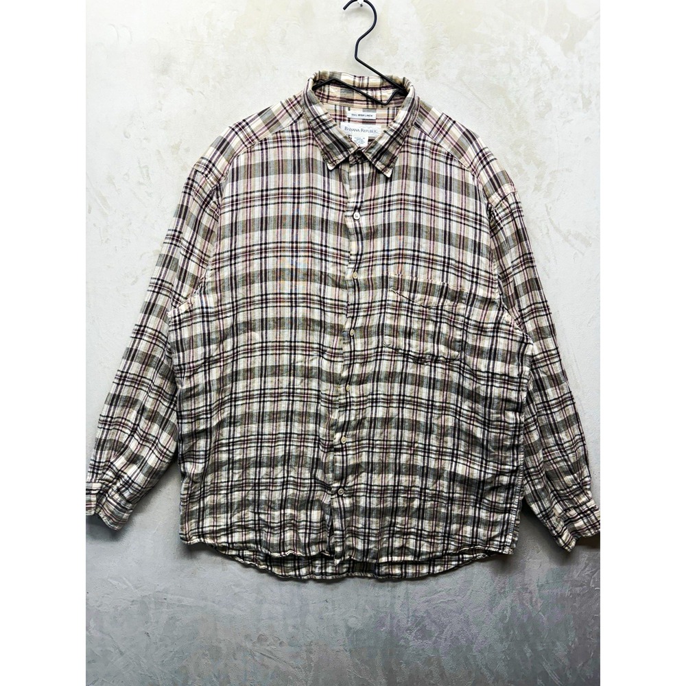 Vintage Banana Republic Irish Linen Shirt Men's XL Plaid Button Up Long Sleeve